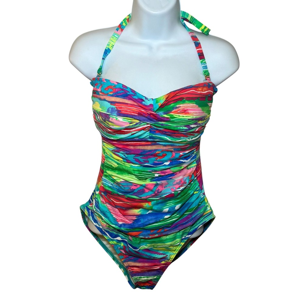 Lauren Ralph Lauren Womens Multicolor Abstract Ruched One Piece Swimsuit Size 8